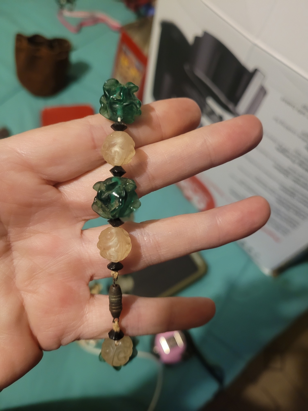 Green and Cream Carved Floral Bead Necklace - Women Jewelry